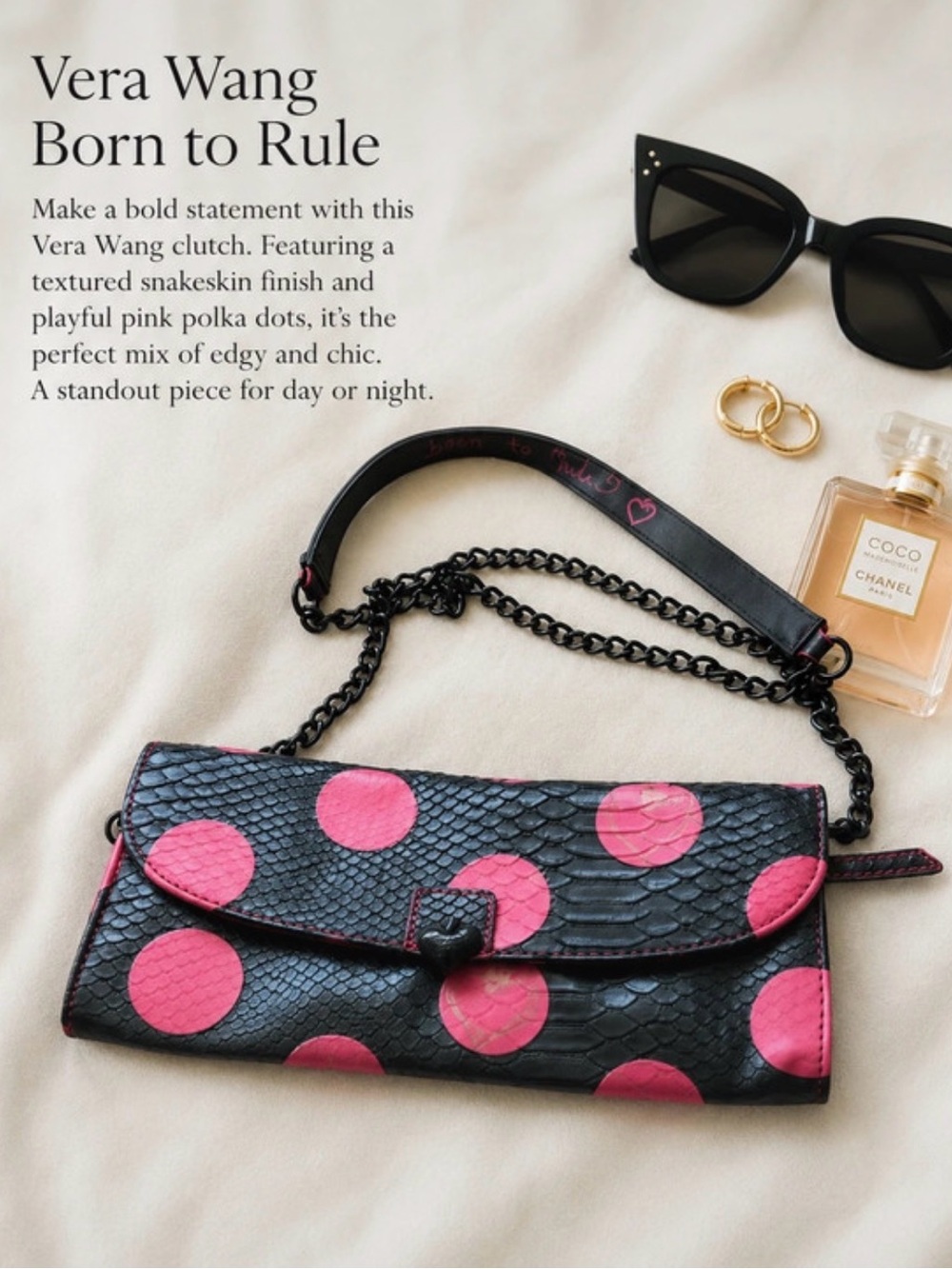 Vera Wang Black Snakeskin Clutch with Pink Polka Dots